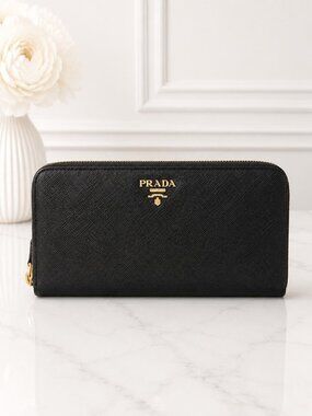 Authentic Prada Black Saffiano Leather Zip-Around Wallet
